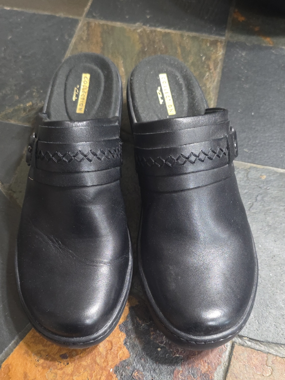 Clarks Women’s Black Leather Slip-On Mules